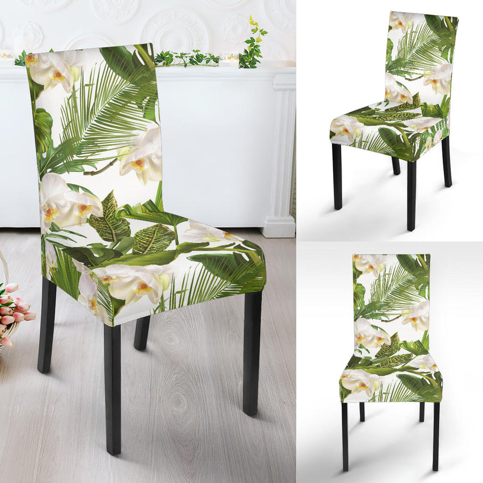 White Orchid Flower Tropical Leaves Pattern Dining Chair Slipcover