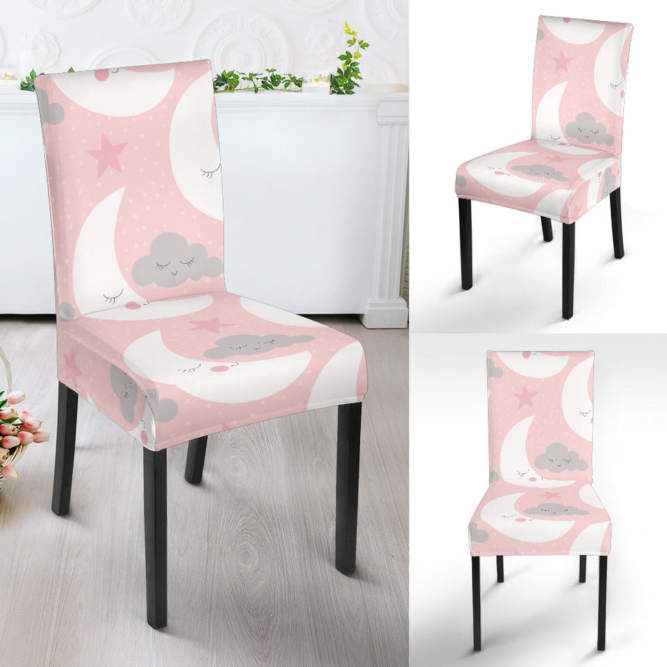 Cute Moon Cloud Star Pattern Pink Dot Background Dining Chair Slipcover