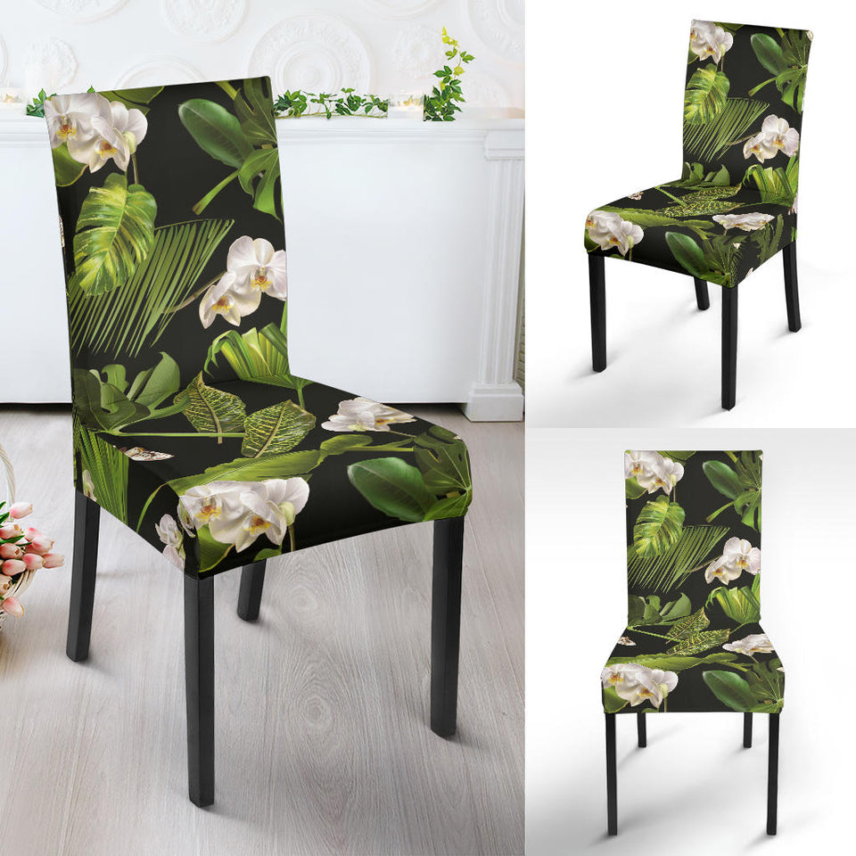 White Orchid Flower Tropical Leaves Pattern Blackground Dining Chair Slipcover