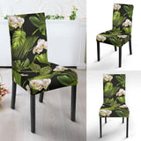 White Orchid Flower Tropical Leaves Pattern Blackground Dining Chair Slipcover
