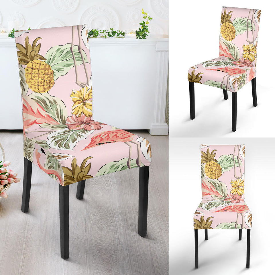 Pink Flamingo Birds Pineapples Hibiscus Flower Pattern Dining Chair Slipcover