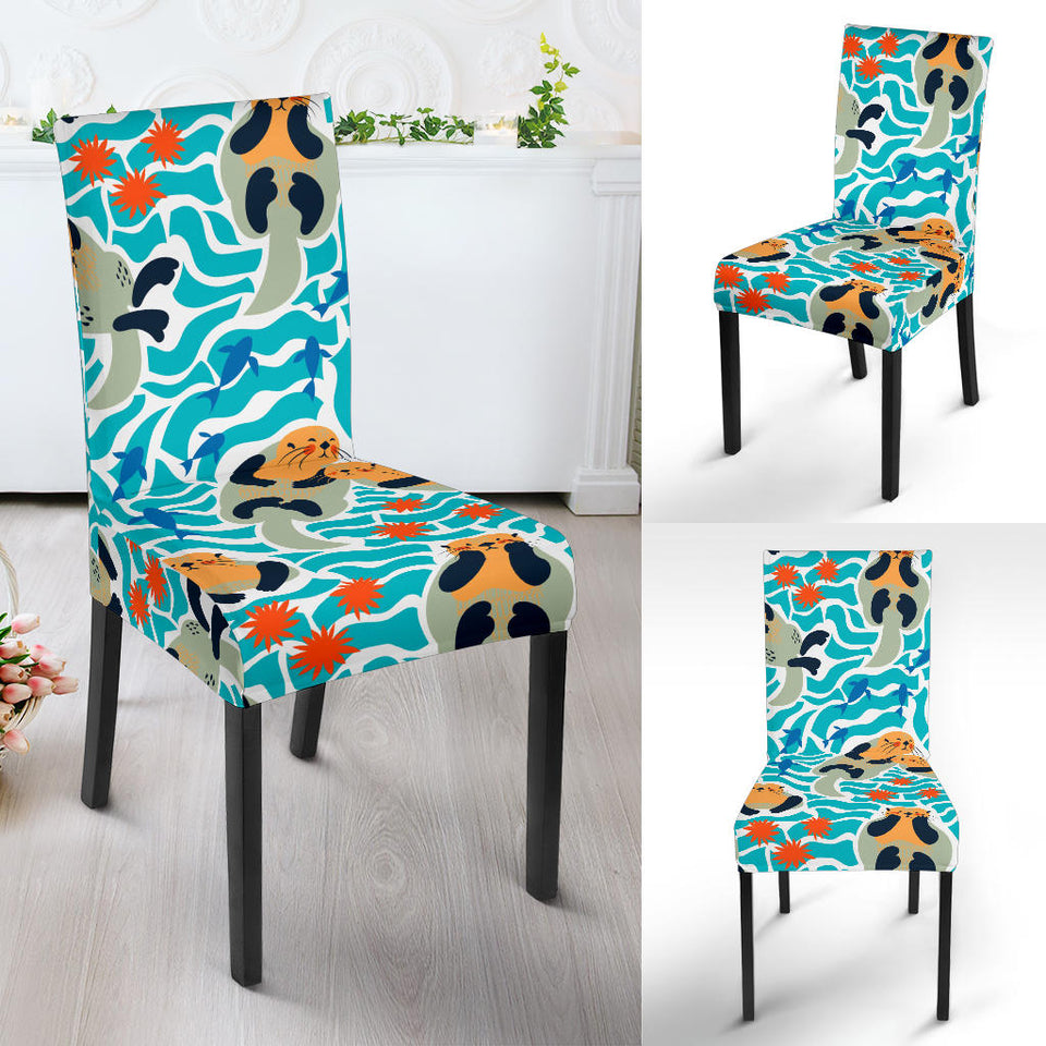 Cute Sea Otters Fishe Sea Urchin Pattern Dining Chair Slipcover