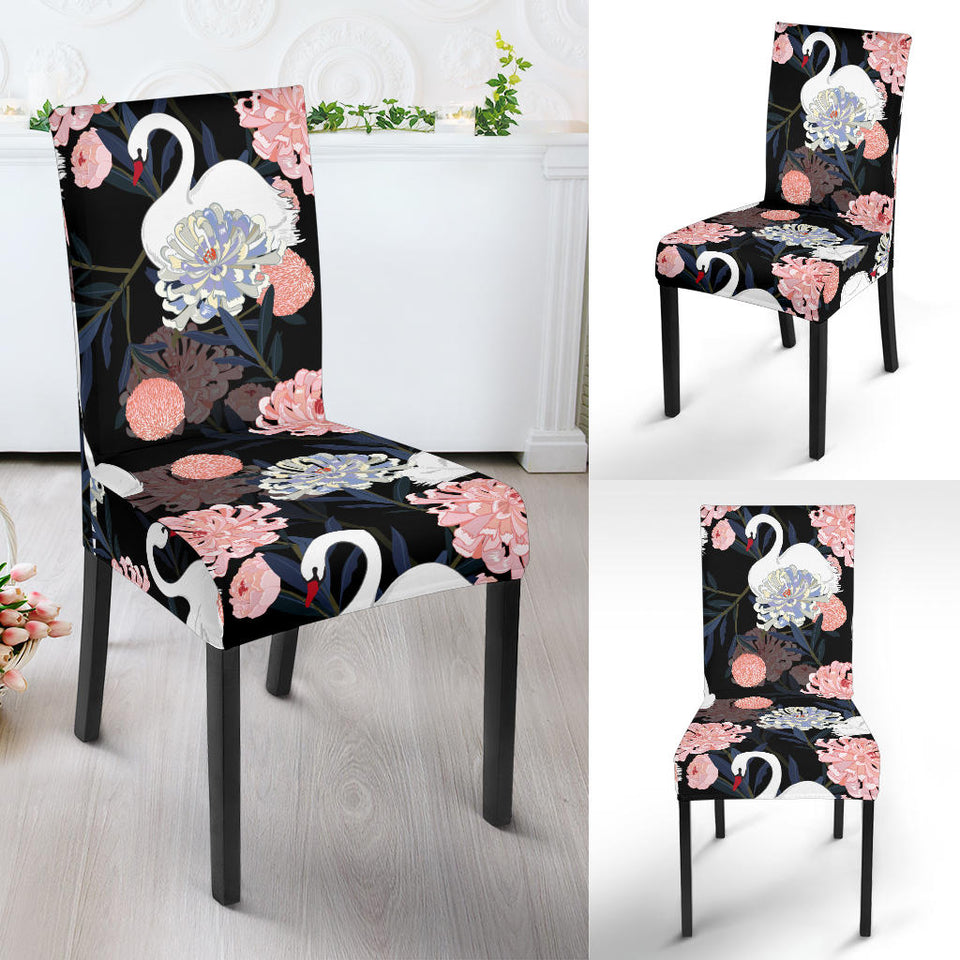 White Swan Blooming Flower Pattern Dining Chair Slipcover