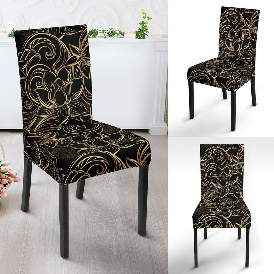 Luxurious Gold Lotus Waterlily Black Background Dining Chair Slipcover