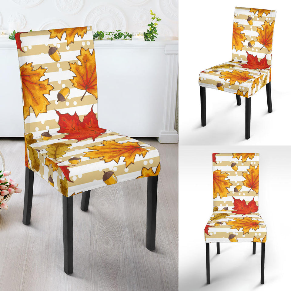 Maple Leaf Oak Leaf Acorns Beige Striped Background Dining Chair Slipcover