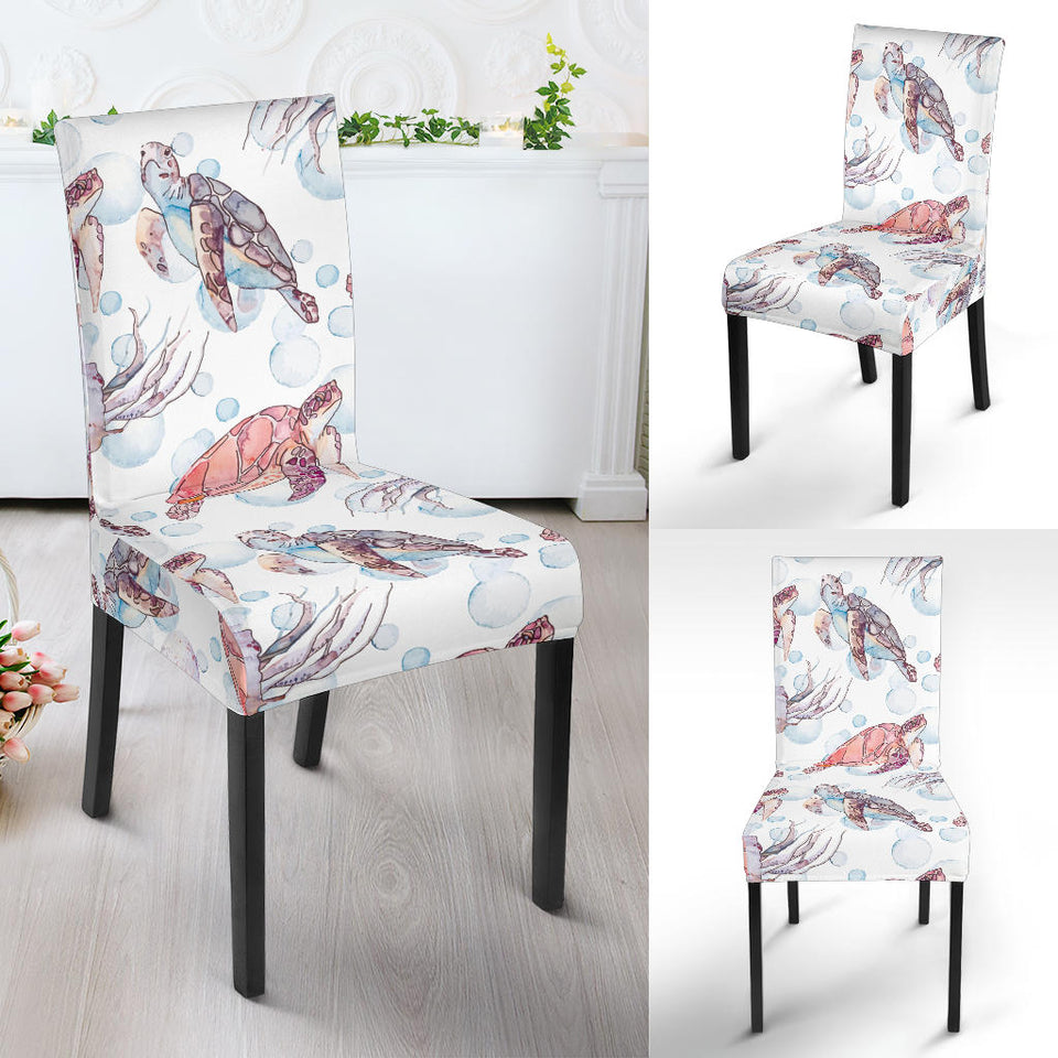 Watercolor Sea Turtle Jellyfish Pattern Dining Chair Slipcover