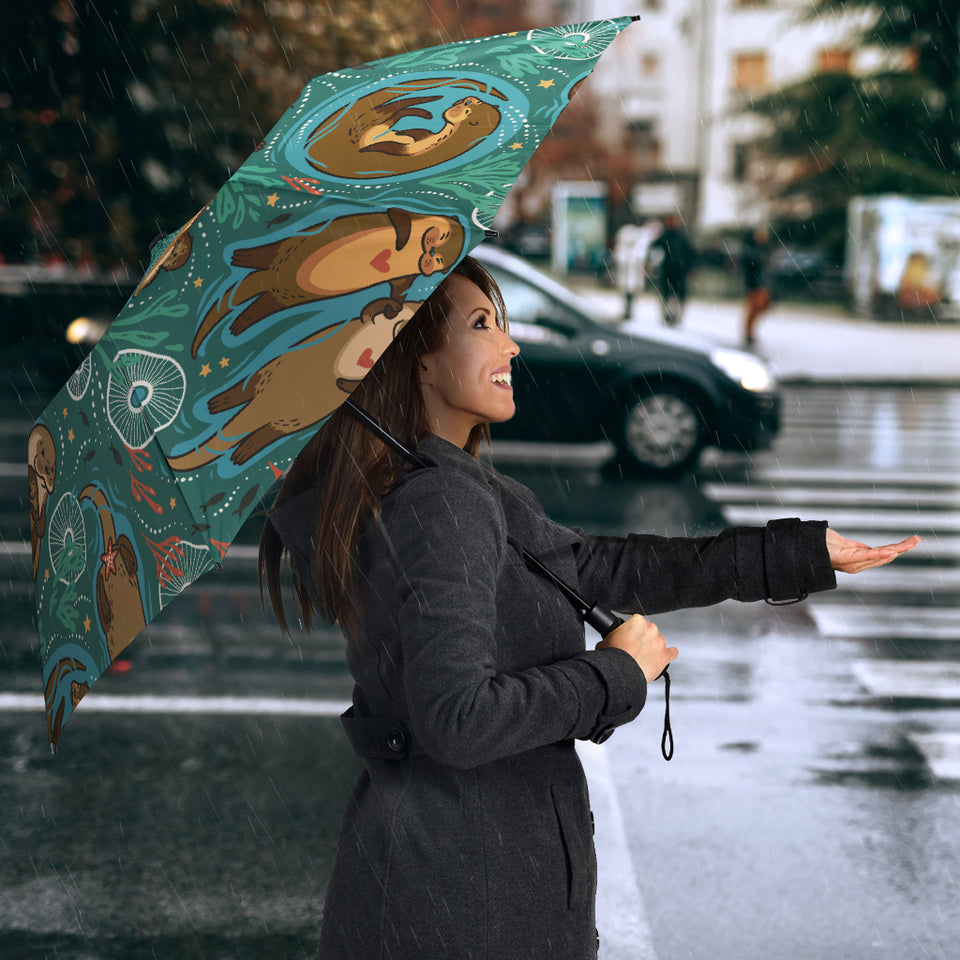 Cute Brown Sea Otters Ornamental Seaweed Corals Green Water Umbrella