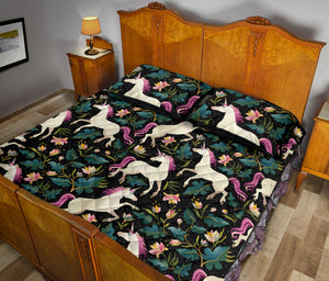 Unicorns forest background Quilt Bed Set