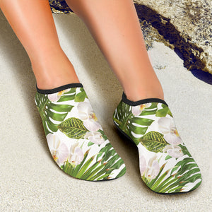 White Orchid Flower Tropical Leaves Pattern Aqua Shoes