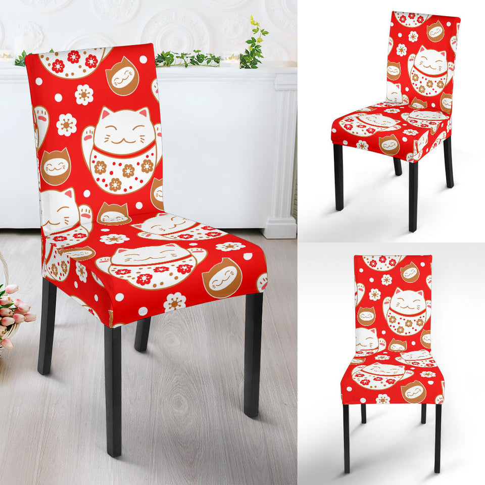 Cute Maneki Neko Lucky Cat Red Background Dining Chair Slipcover