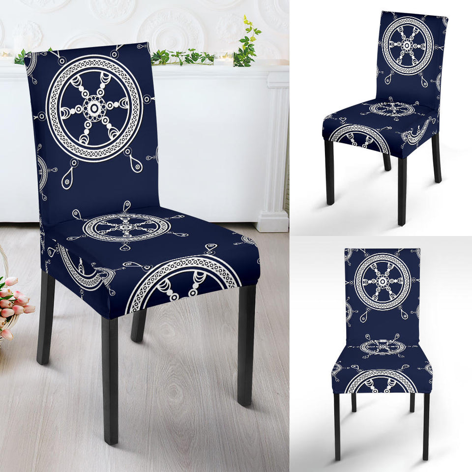 Nautical Steering Wheel Design Pattern Dining Chair Slipcover