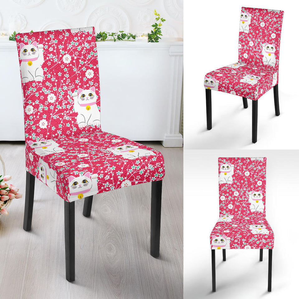 Maneki Neko Lucky Cat Sakura Pink Background Dining Chair Slipcover
