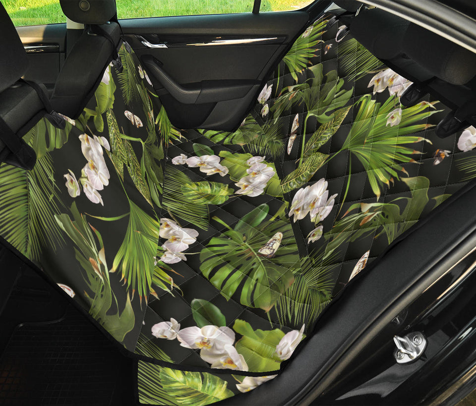 White Orchid Flower Tropical Leaves Pattern Blackground Dog Car Seat Covers