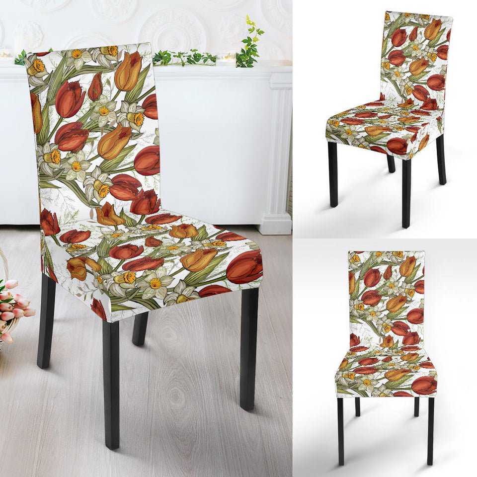 Red Tulips And Daffodils Pattern Dining Chair Slipcover