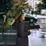 White Orchid Flower Tropical Leaves Pattern Blackground Umbrella