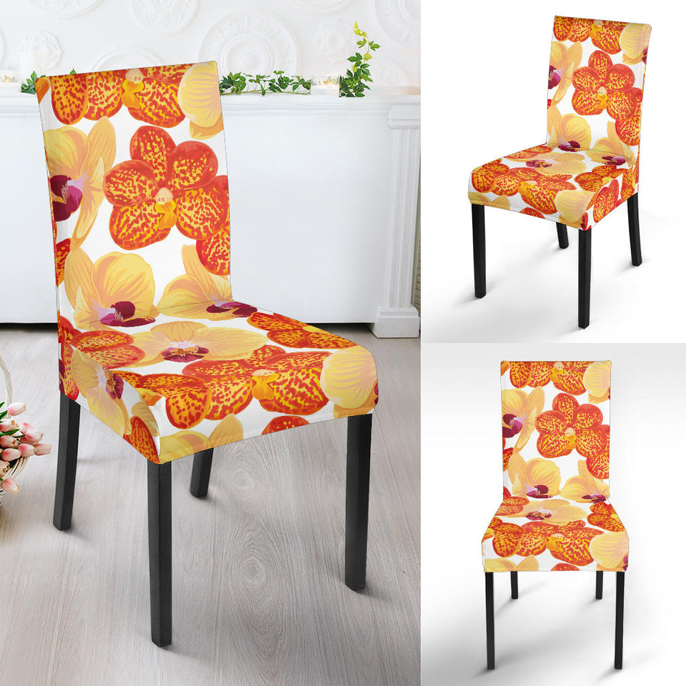 Orange Yellow Orchid Flower Pattern Background Dining Chair Slipcover