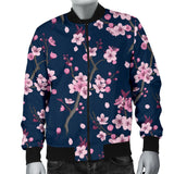 Pink Sakura Cherry Blossom Blue Background Men'S Bomber Jacket