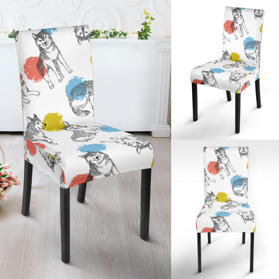 Siberian Husky And Colorful Circle Pattern Dining Chair Slipcover