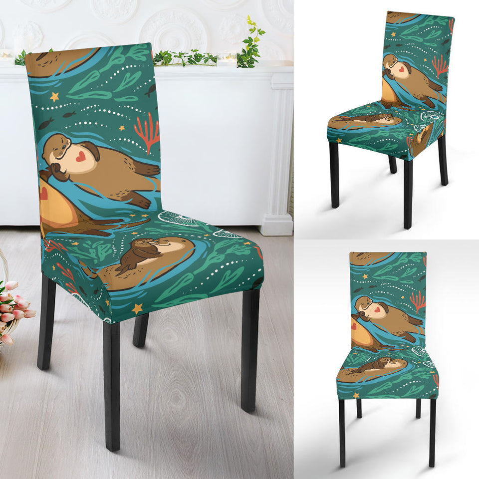 Cute Brown Sea Otters Ornamental Seaweed Corals Green Water Dining Chair Slipcover