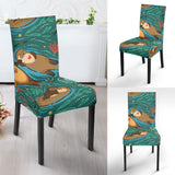 Cute Brown Sea Otters Ornamental Seaweed Corals Green Water Dining Chair Slipcover
