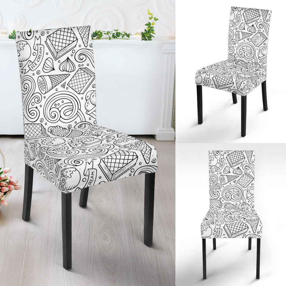 Cartoon Hand Drawn Ice Cream Black White Dining Chair Slipcover