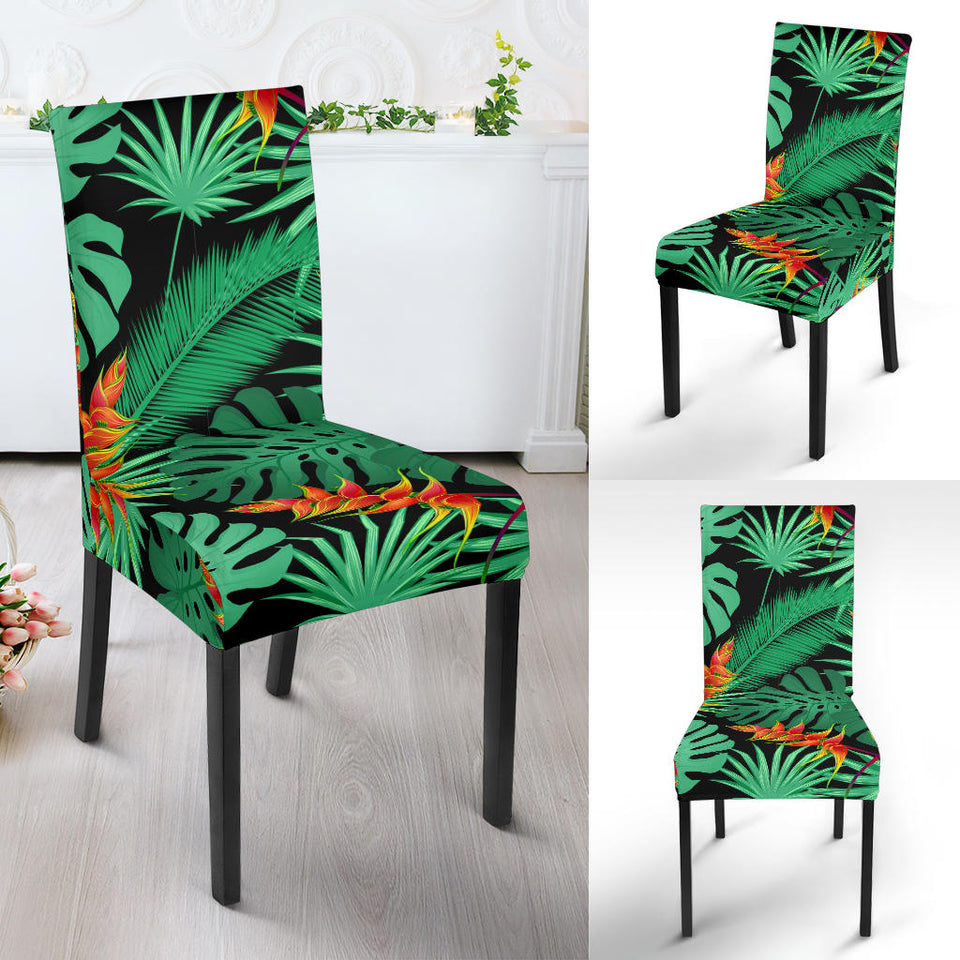Heliconia Flower Palm Monstera Leaves Black Background Dining Chair Slipcover
