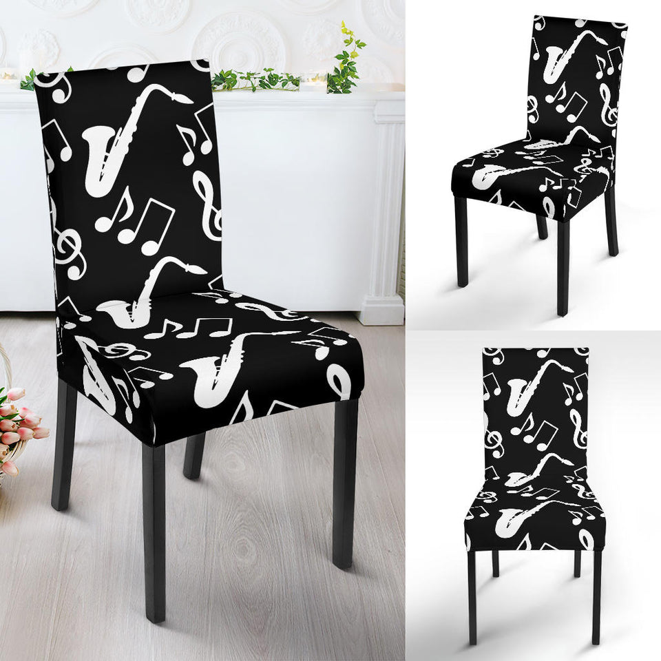 Saxophone Music Notes Treble Clef Black White Theme Dining Chair Slipcover
