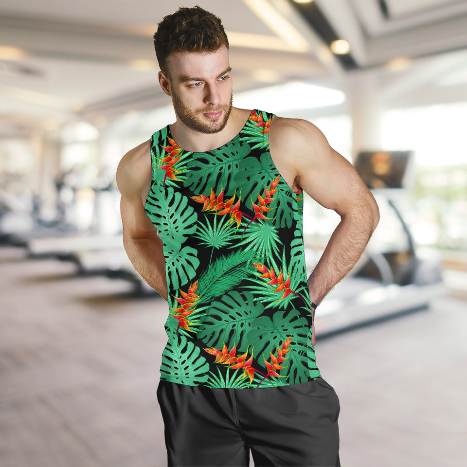 heliconia flower palm monstera leaves black background Men Tank Top