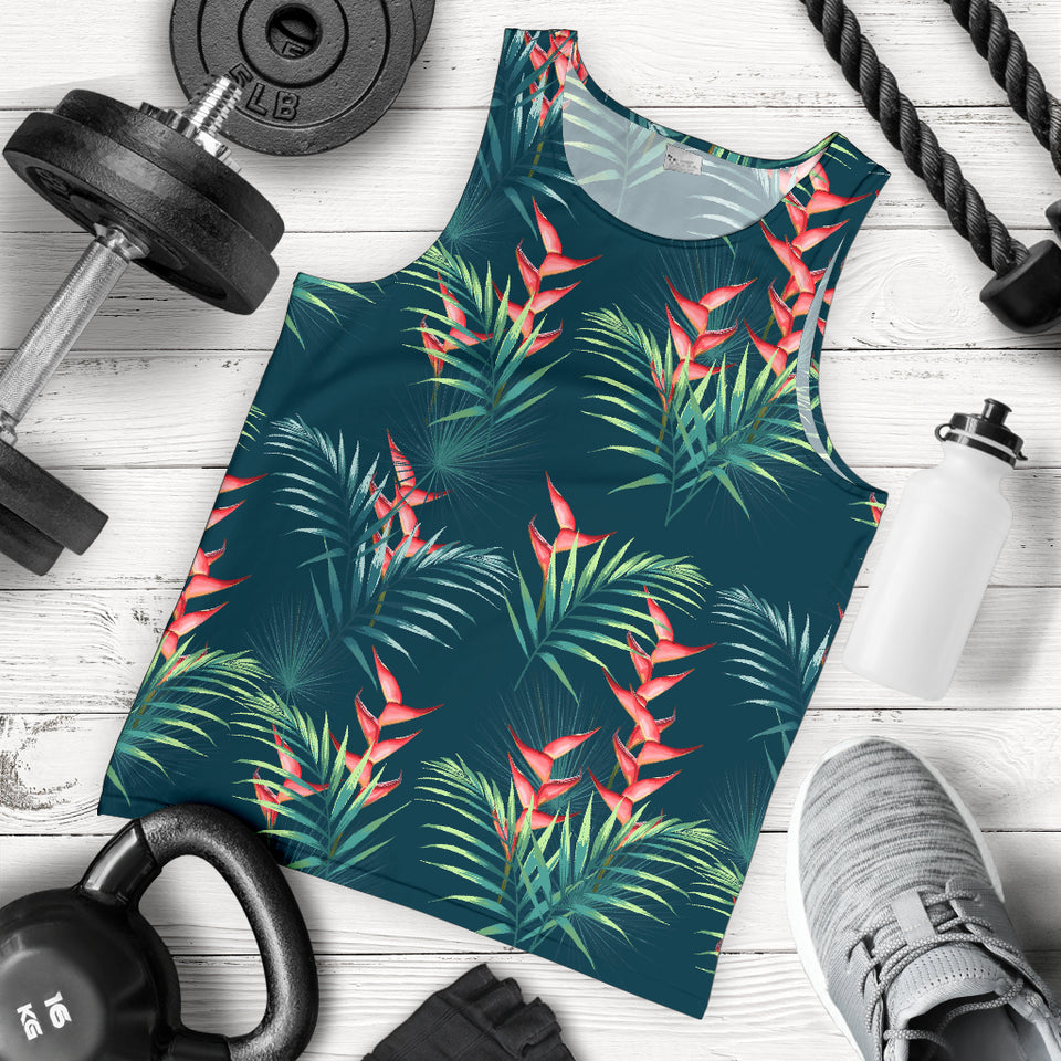 heliconia flowers, palm and monstera leaves on black background pattern Men Tank Top
