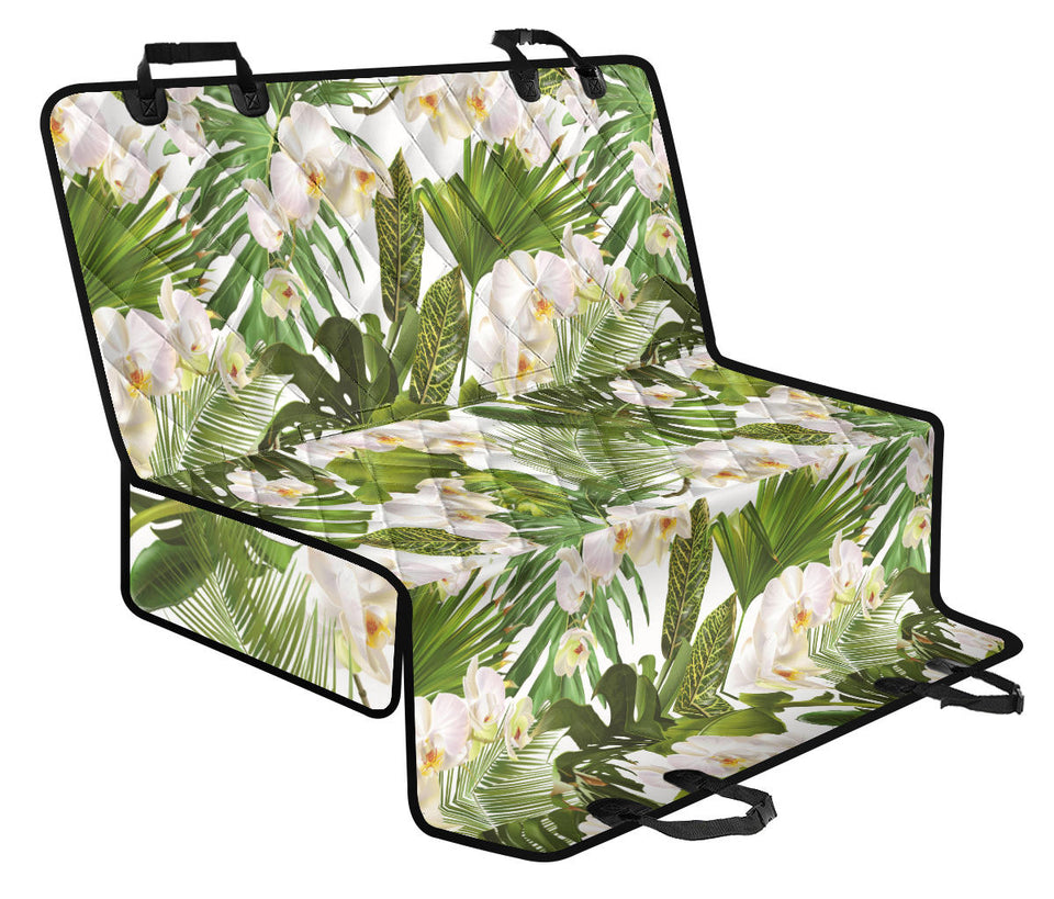 White Orchid Flower Tropical Leaves Pattern Dog Car Seat Covers