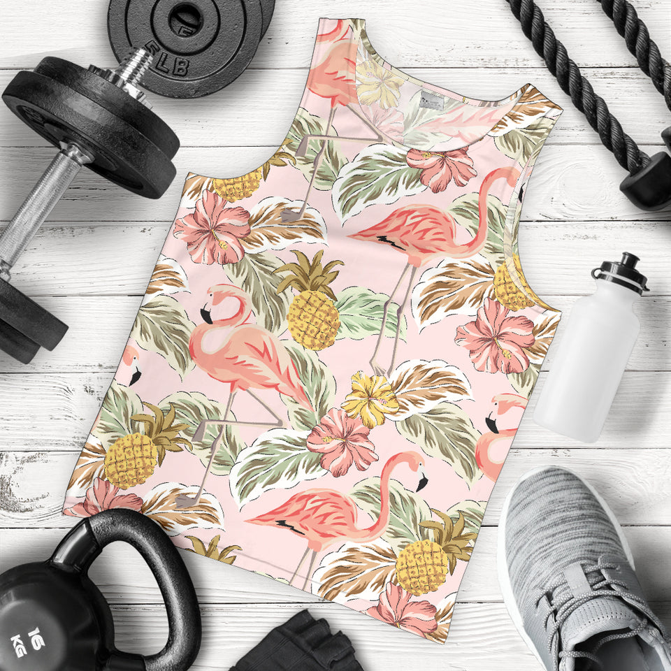 Pink flamingo birds pineapples hibiscus flower pattern Men Tank Top