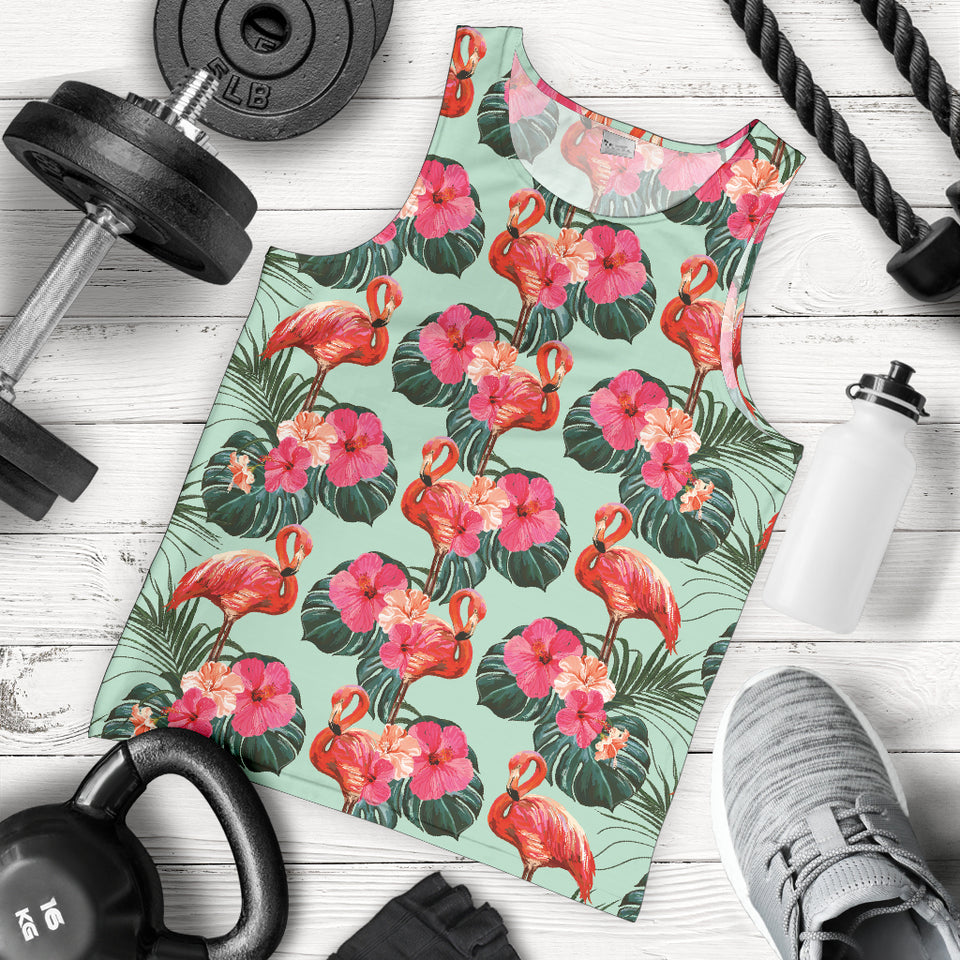 Beautiful flamingo tropical palm leaves hibiscus pateern background Men Tank Top