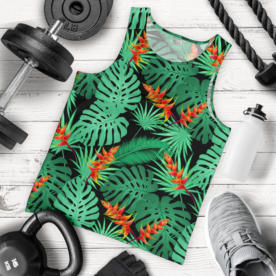 heliconia flower palm monstera leaves black background Men Tank Top