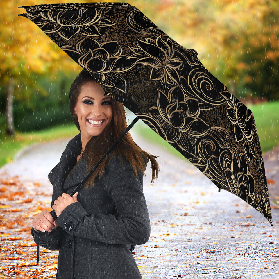 Luxurious Gold Lotus Waterlily Black Background Umbrella