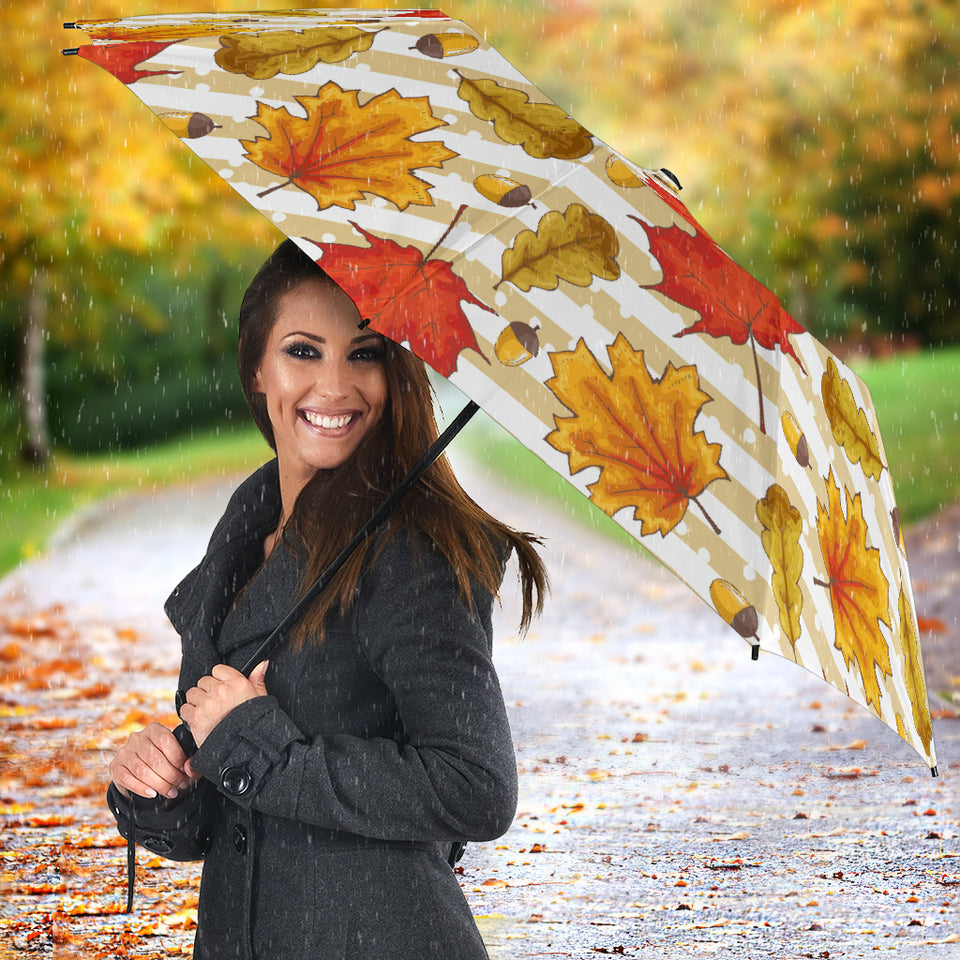 Maple Leaf Oak Leaf Acorns Beige Striped Background Umbrella