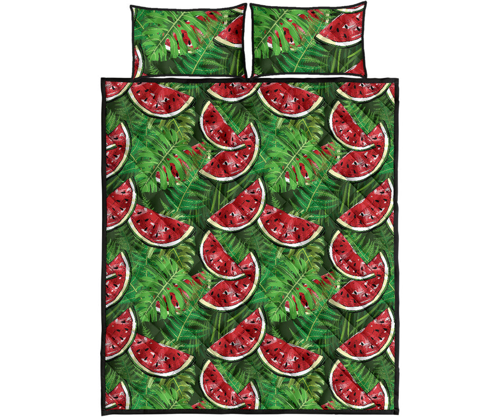 Watermelons tropical palm leaves pattern background Quilt Bed Set