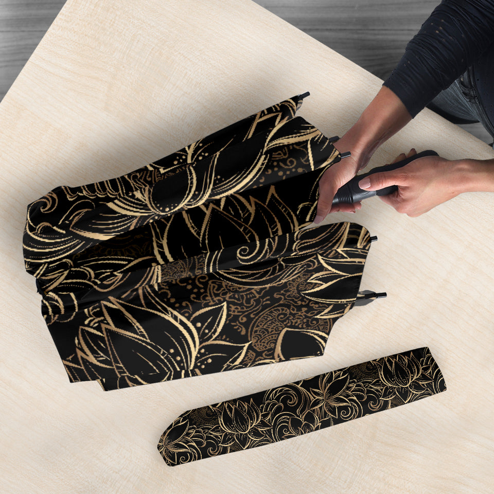 Luxurious Gold Lotus Waterlily Black Background Umbrella