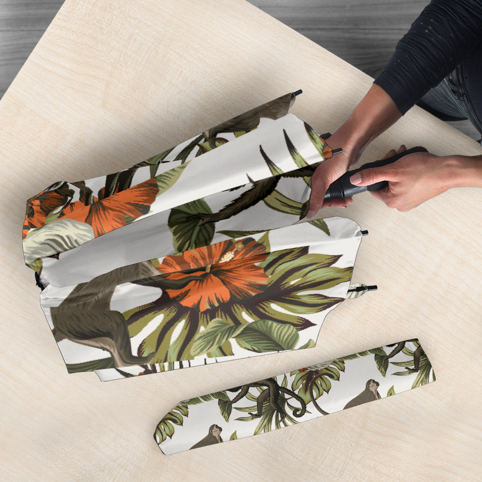 Monkey Red Hibiscus Flower Palm Leaves Floral Pattern Umbrella