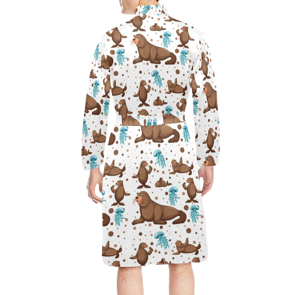sea lion Seals jellyfish pattern Men's Long Sleeve Belted Night Robe