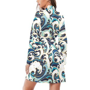 Japanese wave pattern Women's Long Sleeve Belted Night Robe