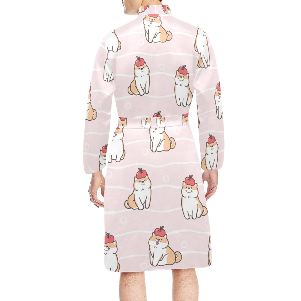Cute Shiba Inu Dog Apple pattern Men's Long Sleeve Belted Night Robe