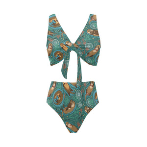 cute brown sea otters ornamental seaweed corals gr Chest Bowknot High Waisted Bikini Swimsuit
