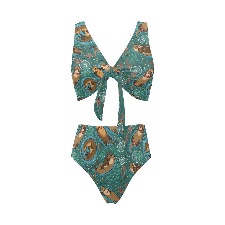 cute brown sea otters ornamental seaweed corals gr Chest Bowknot High Waisted Bikini Swimsuit