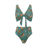 cute brown sea otters ornamental seaweed corals gr Chest Bowknot High Waisted Bikini Swimsuit