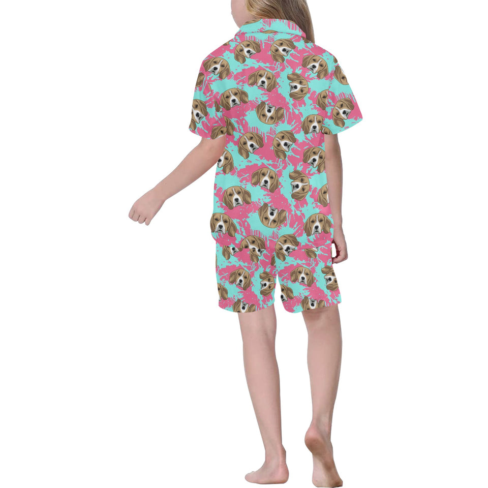Beagle muzzles turquoise paint splashes pink patte Kids' Boys' Girls' V-Neck Short Pajama Set