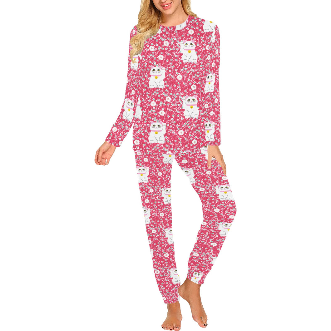Maneki neko cat sakura pink background Women's All Over Print Pajama Set