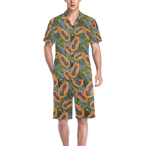 Colorful papaya tropical leaves Men's V-Neck Short Pajama Set