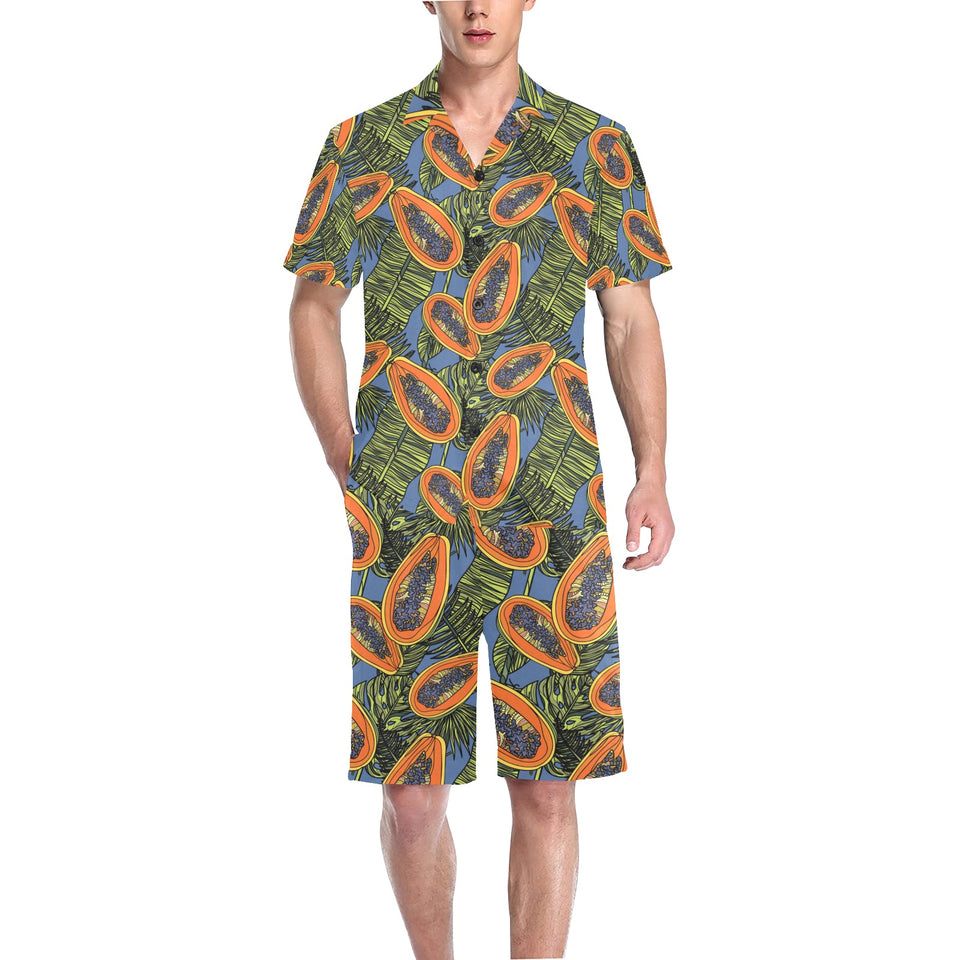 Colorful papaya tropical leaves Men's V-Neck Short Pajama Set