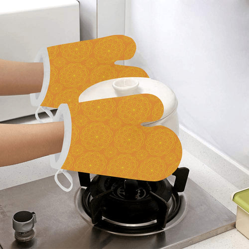 Orange traditional indian element pattern Heat Resistant Oven Mitts