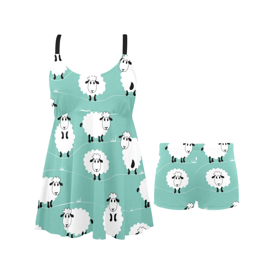 Cute sheep green background Chest Sexy Pleated Two Piece Swim Dress